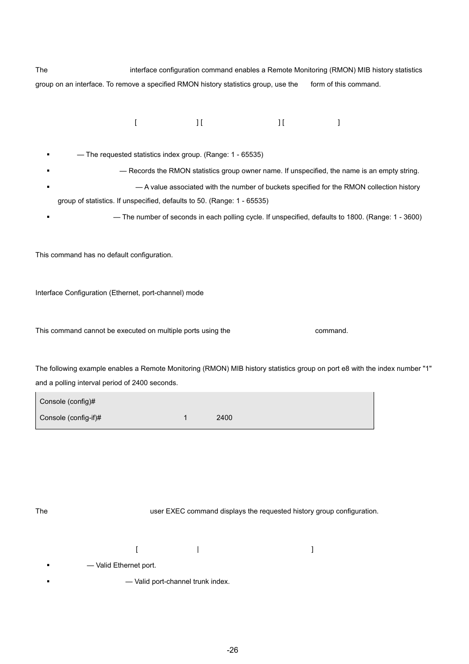 2 rmon collection history, 3 show rmon collection history, Syntax | Default configuration, Command mode, User guidelines, Example | Planet Technology WGSW-48040 User Manual | Page 265 / 371