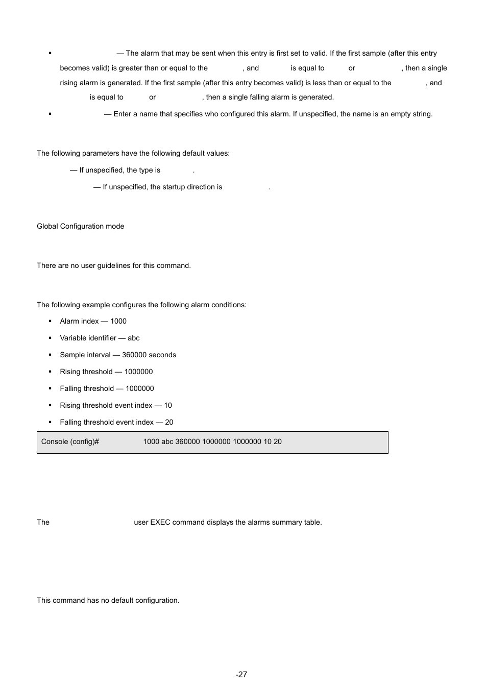 6 show rmon alarm-table, Default configuration, Command mode | User guidelines, Example, Syntax | Planet Technology WGSW-48040 User Manual | Page 270 / 371