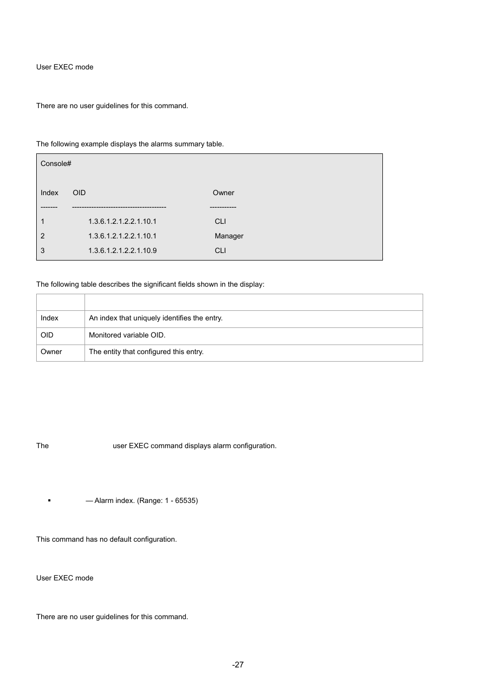 7 show rmon alarm, Command mode, User guidelines | Example, Syntax, Default configuration | Planet Technology WGSW-48040 User Manual | Page 271 / 371