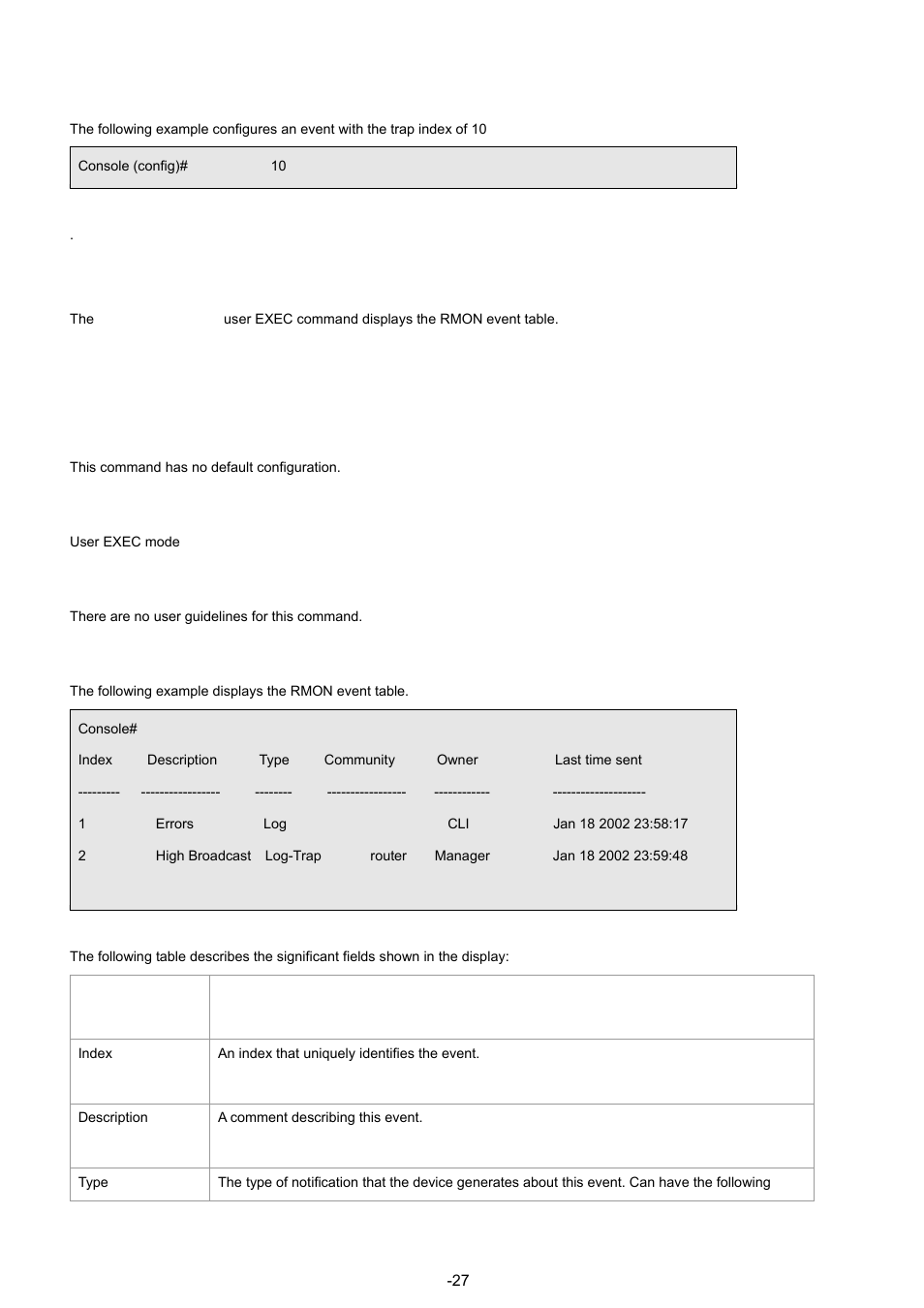 9 show rmon events, Example, Syntax | Default configuration, Command mode, User guidelines | Planet Technology WGSW-48040 User Manual | Page 274 / 371