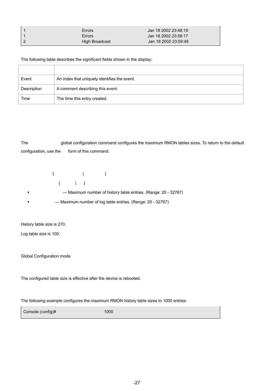 11 rmon table-size, Syntax, Default configuration | Command mode, User guidelines, Example | Planet Technology WGSW-48040 User Manual | Page 276 / 371