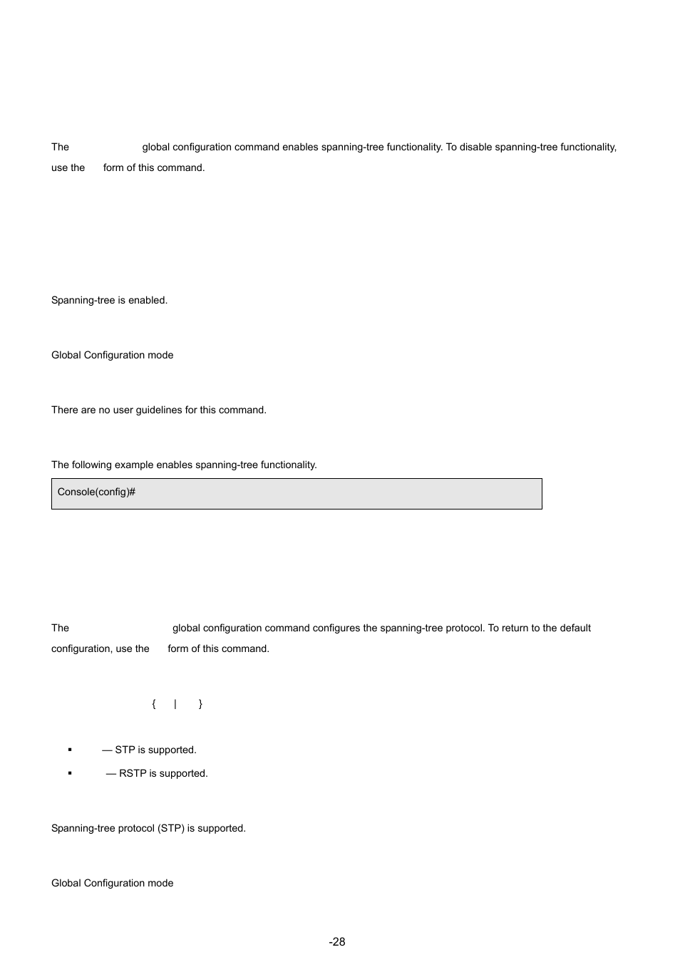 21 spanning-tree commands, 1 spanning-tree, 2 spanning-tree mode | Planet Technology WGSW-48040 User Manual | Page 284 / 371