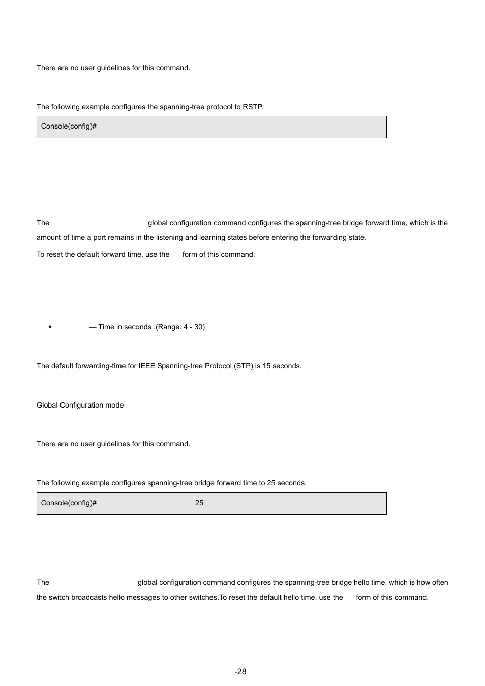 3 spanning-tree forward-time, 4 spanning-tree hello-time, User guidelines | Example, Syntax, Default configuration, Command modes | Planet Technology WGSW-48040 User Manual | Page 285 / 371