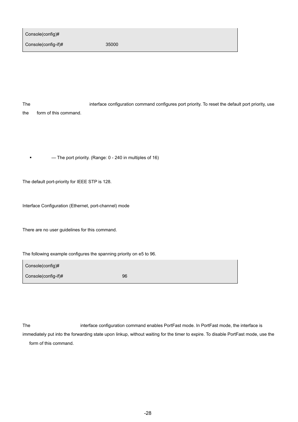 9 spanning-tree port-priority, 10 spanning-tree portfast, Syntax | Default configuration, Command modes, User guidelines, Example | Planet Technology WGSW-48040 User Manual | Page 289 / 371