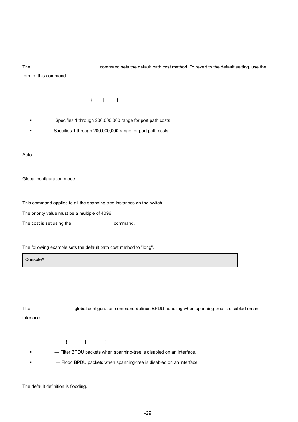 12 spanning-tree pathcost method, 13 spanning-tree bpdu, 2 spanning-tree bpdu | Syntax, Default configuration, Command mode, User guidelines, Example | Planet Technology WGSW-48040 User Manual | Page 291 / 371