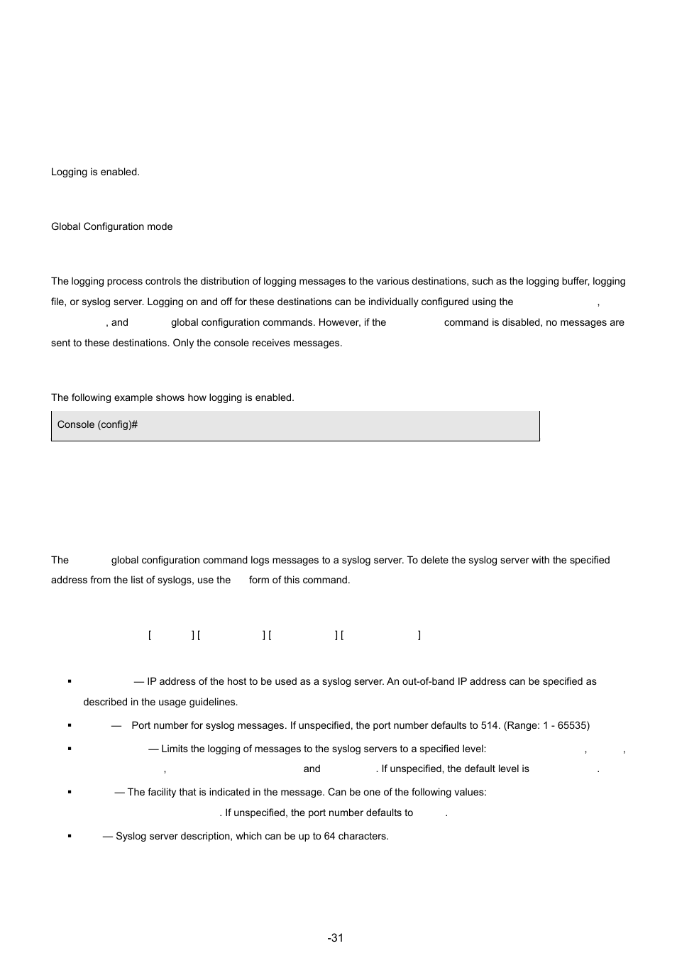 2 logging, Syntax, Default configuration | Command mode, User guidelines, Example | Planet Technology WGSW-48040 User Manual | Page 314 / 371