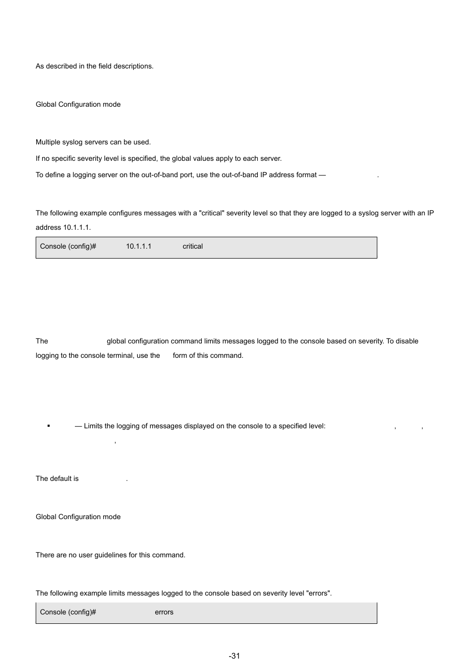 3 logging console, Default configuration, Command mode | User guidelines, Example, Syntax | Planet Technology WGSW-48040 User Manual | Page 315 / 371