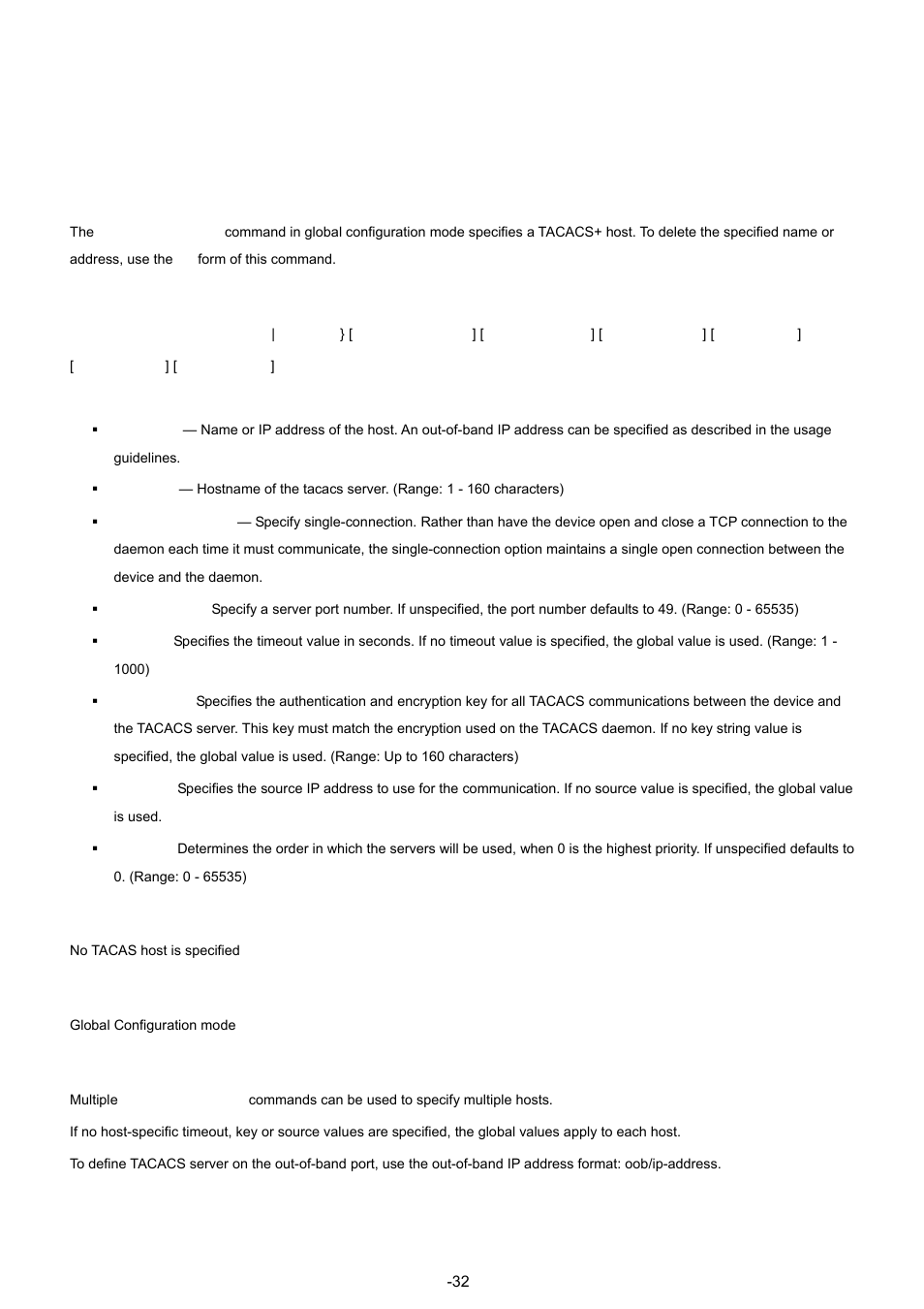 25 tacacs commands, 1 tacacs-server host, Syntax | Default configuration, Command mode, User guidelines | Planet Technology WGSW-48040 User Manual | Page 322 / 371