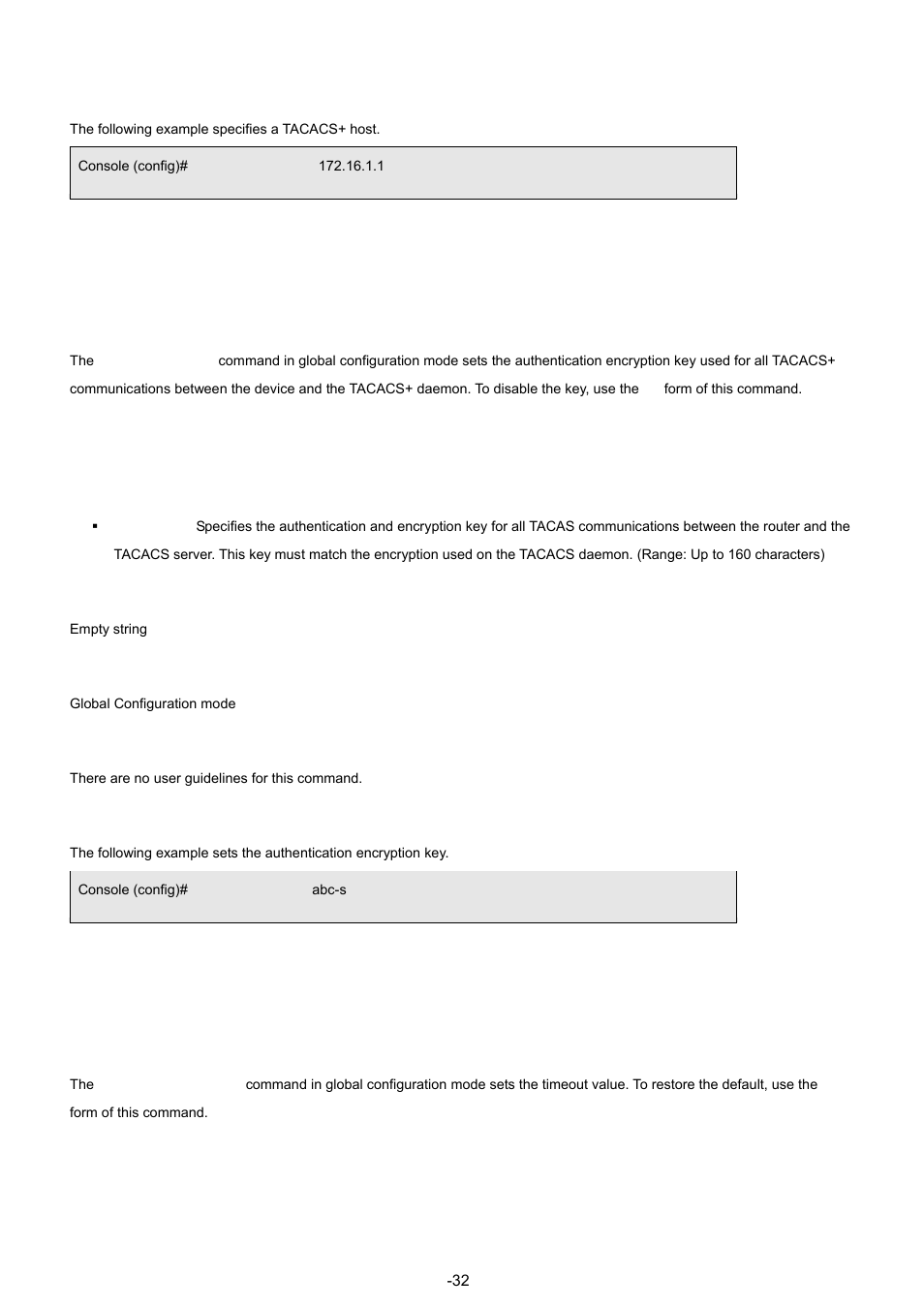 2 tacacs-server key, 3 tacacs-server timeout, Example | Syntax, Default configuration, Command mode, User guidelines, Examples | Planet Technology WGSW-48040 User Manual | Page 323 / 371