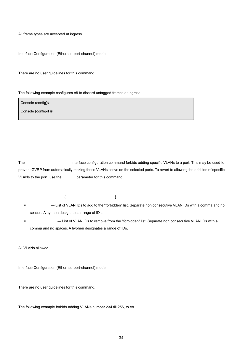 15 switchport forbidden vlan, Default configuration, Command mode | User guidelines, Example, Syntax | Planet Technology WGSW-48040 User Manual | Page 342 / 371