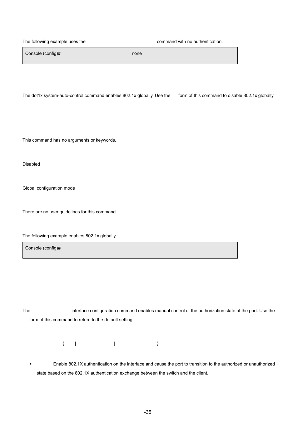 2 dot1x system-auth-control, 3 dot1x port-control, Examples | Syntax, Default configuration, Command modes, User guidelines | Planet Technology WGSW-48040 User Manual | Page 353 / 371