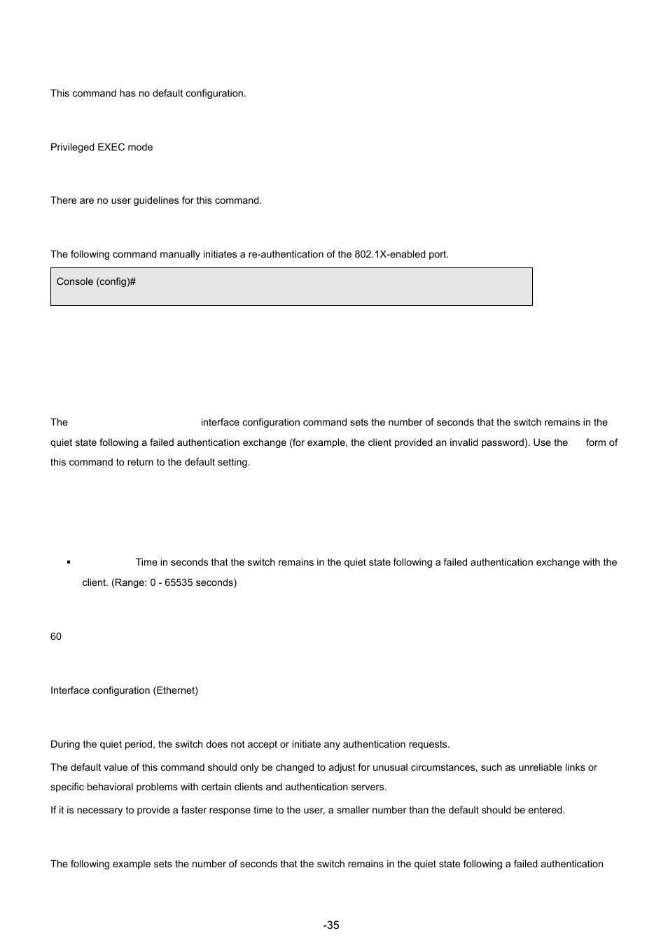 7 dot1x timeout quiet-period, Default configuration, Command mode | User guidelines, Examples, Syntax | Planet Technology WGSW-48040 User Manual | Page 356 / 371