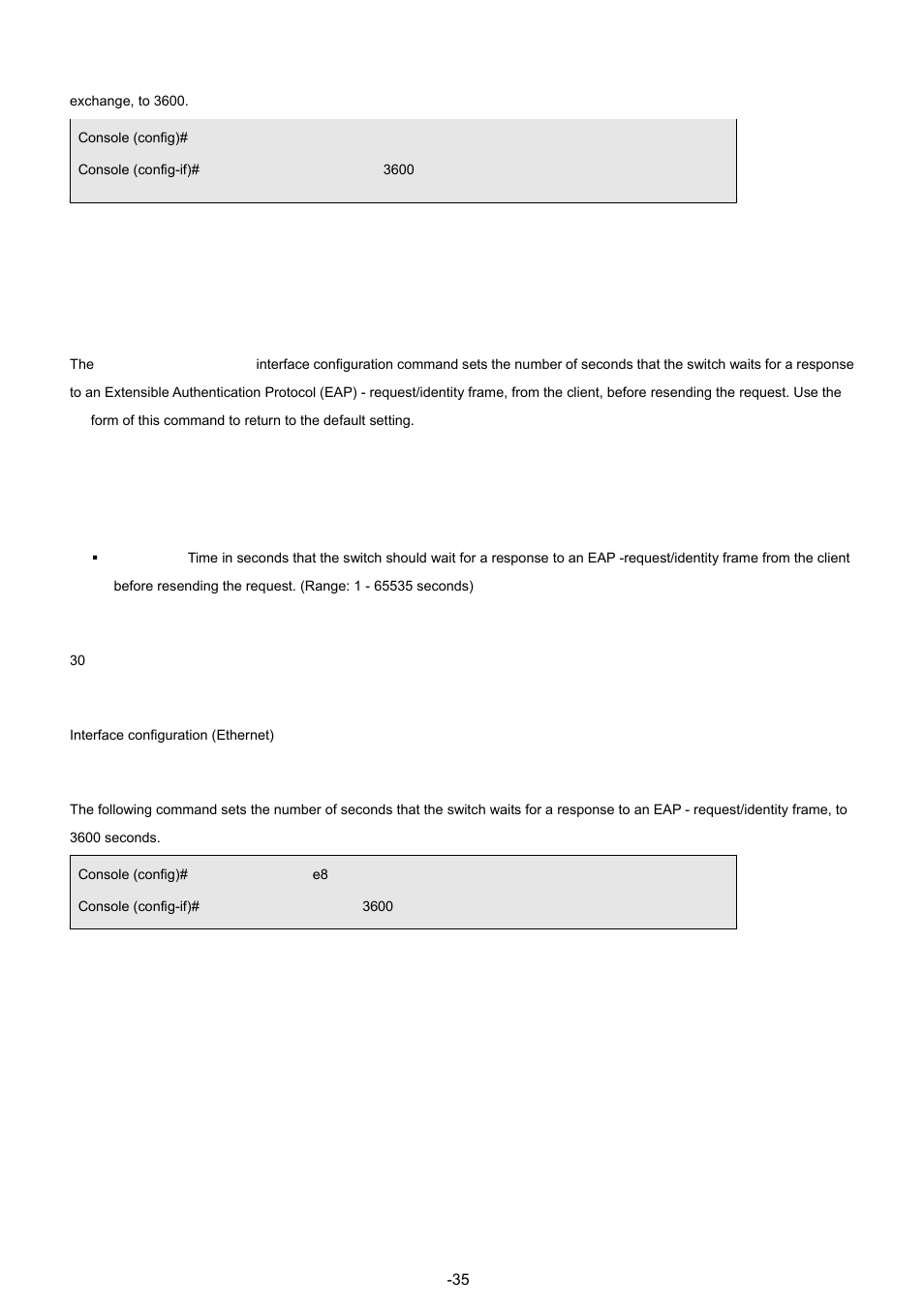 8 dot1x timeout tx-period, Syntax, Default configuration | Command mode, Examples | Planet Technology WGSW-48040 User Manual | Page 357 / 371