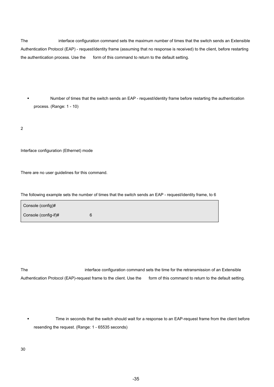 9 dot1x max-req, 10 dot1x timeout supp-timeout, Syntax | Default configuartion, Command mode, User guidelines, Examples, Default configuration | Planet Technology WGSW-48040 User Manual | Page 358 / 371