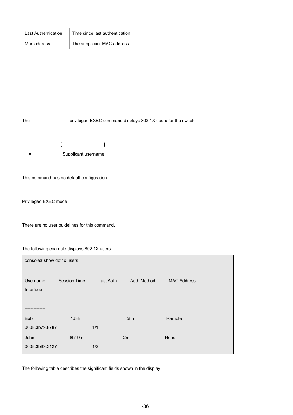 13 show dot1x users, Syntax, Default configuration | Command mode, User guidelines, Example | Planet Technology WGSW-48040 User Manual | Page 362 / 371