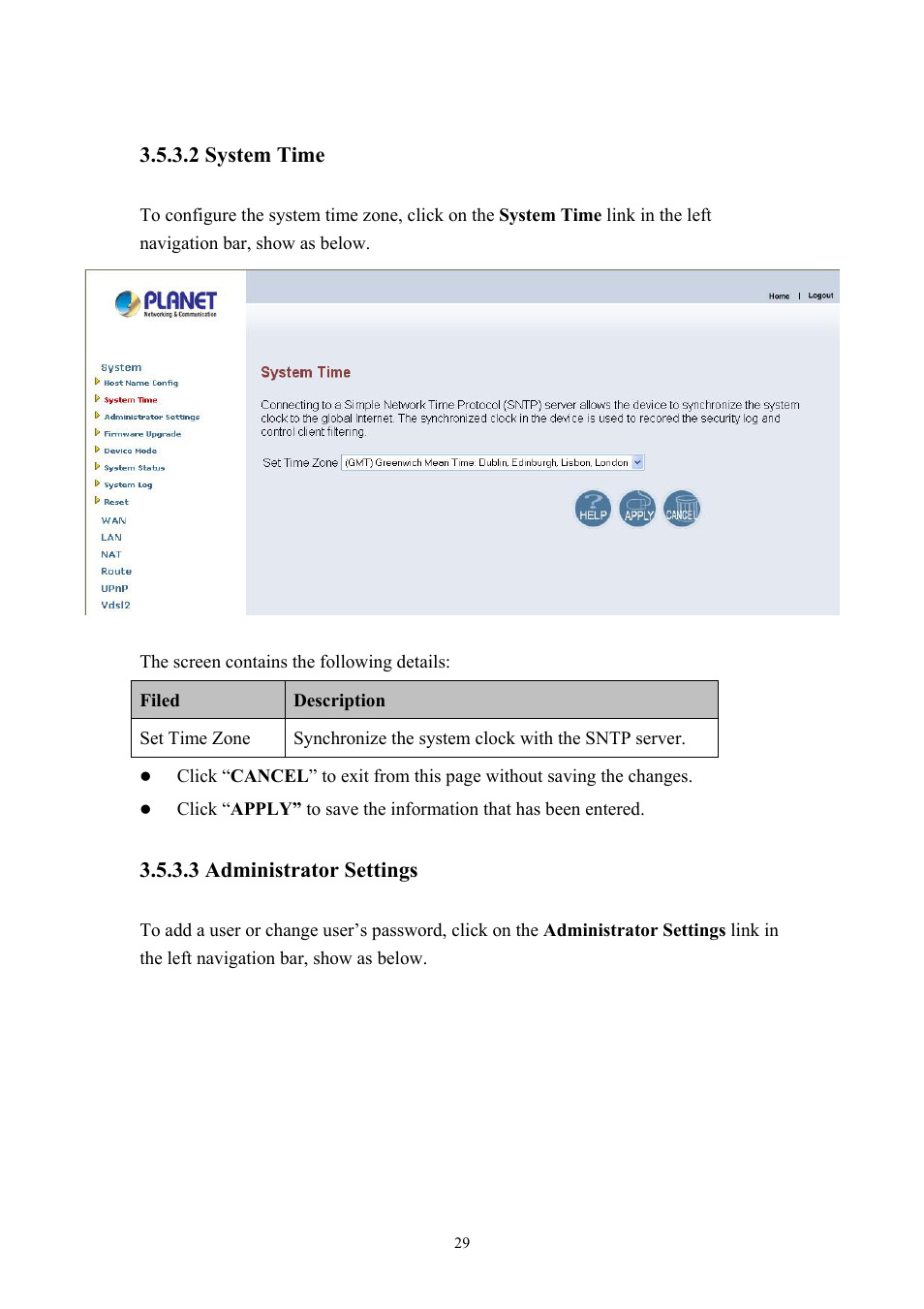 2 system time, 3 administrator settings | Planet Technology VDSL2 VC-200M User Manual | Page 29 / 61