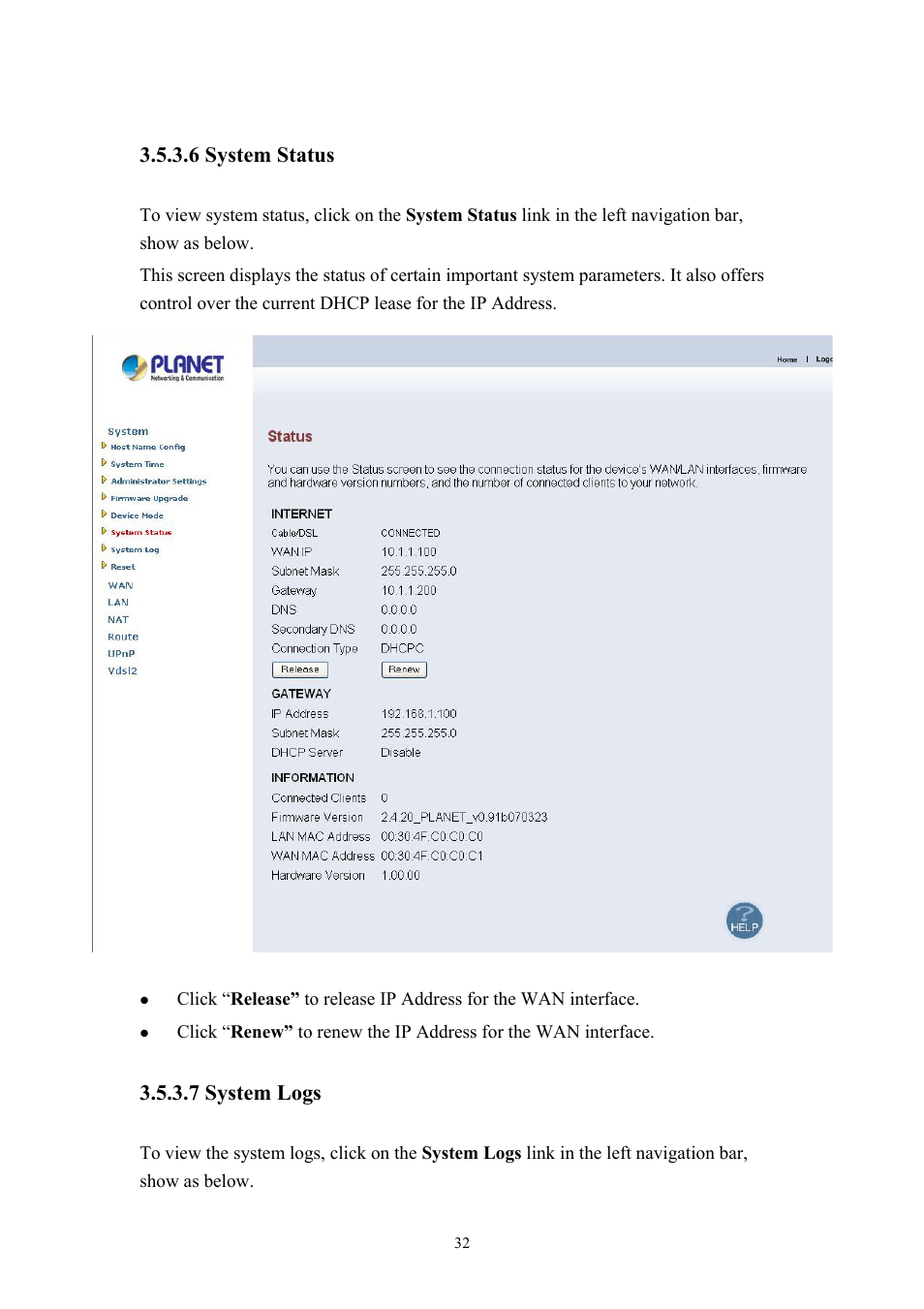 6 system status, 7 system logs | Planet Technology VDSL2 VC-200M User Manual | Page 32 / 61