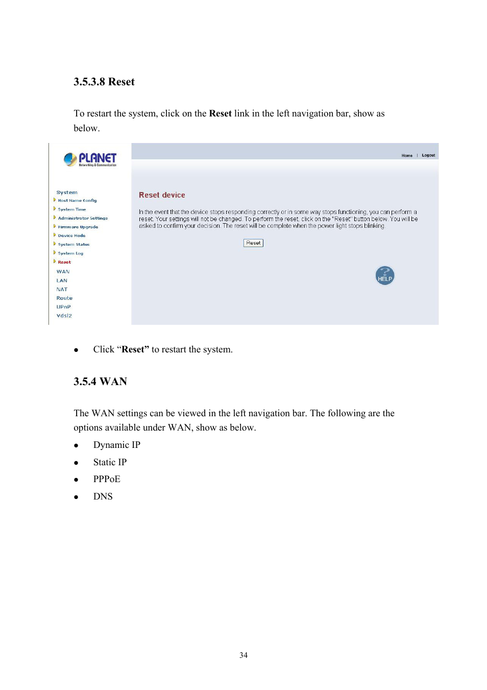 8 reset, 4 wan | Planet Technology VDSL2 VC-200M User Manual | Page 34 / 61