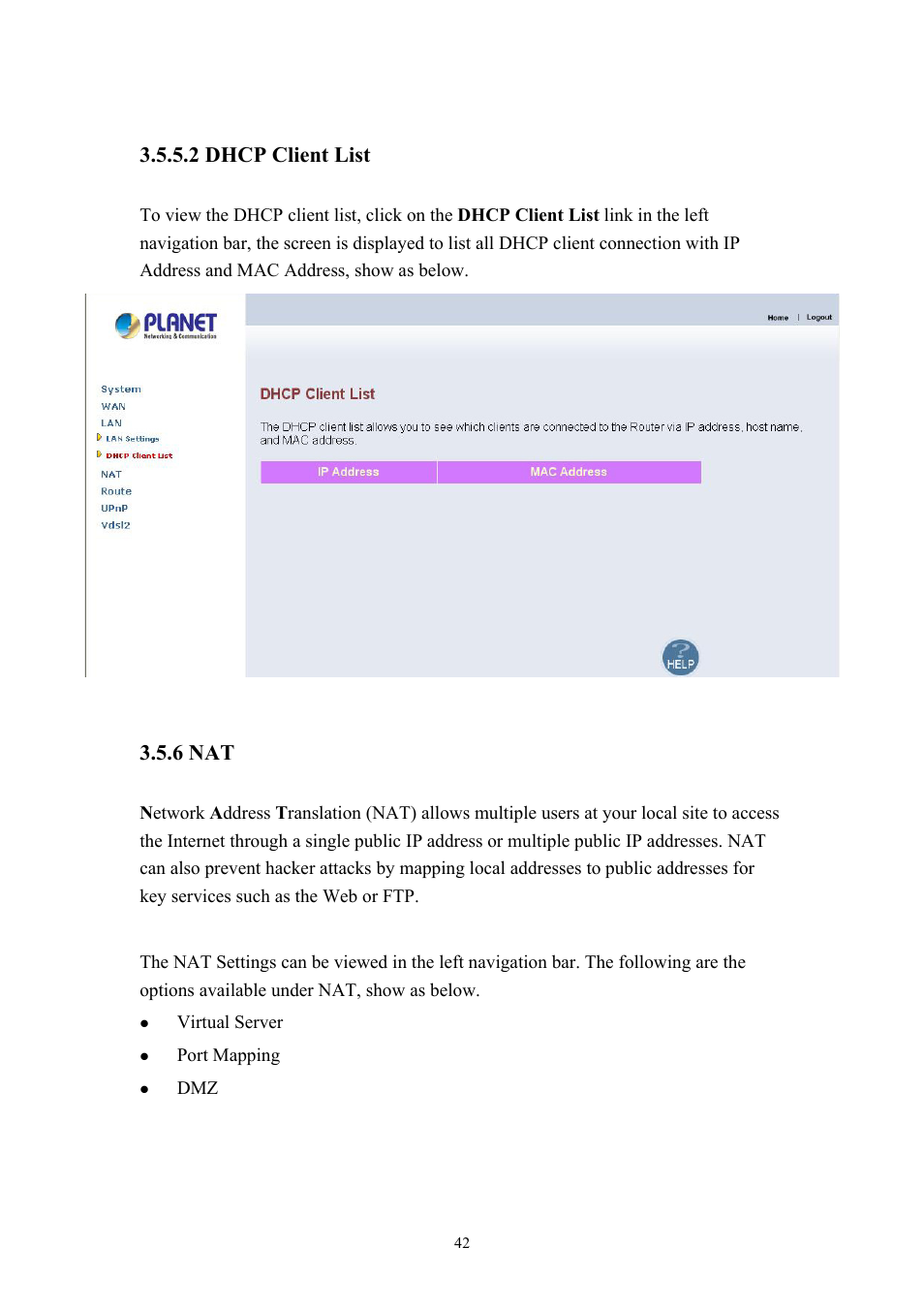2 dhcp client list, 6 nat | Planet Technology VDSL2 VC-200M User Manual | Page 42 / 61