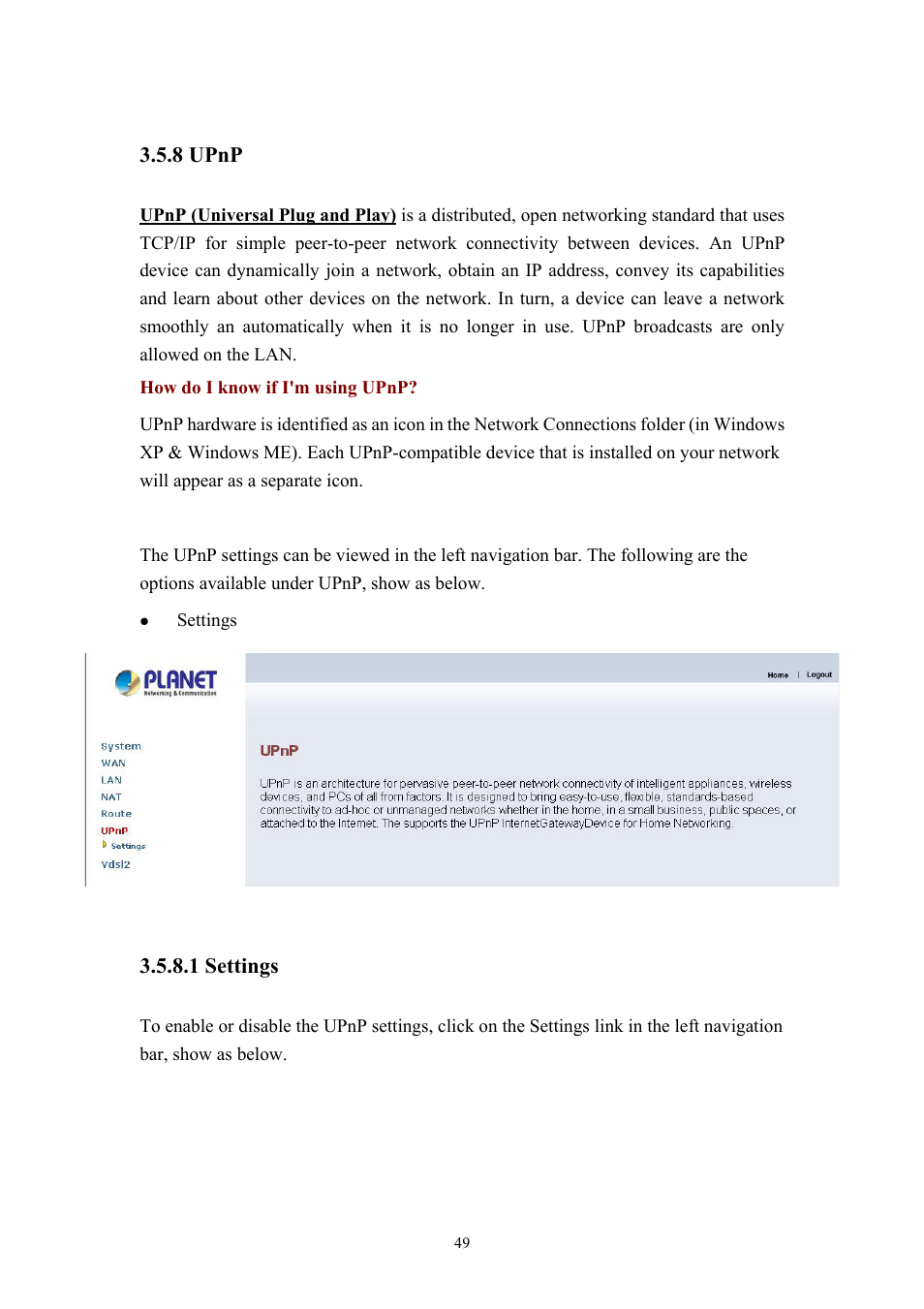 8 upnp, 1 settings | Planet Technology VDSL2 VC-200M User Manual | Page 49 / 61