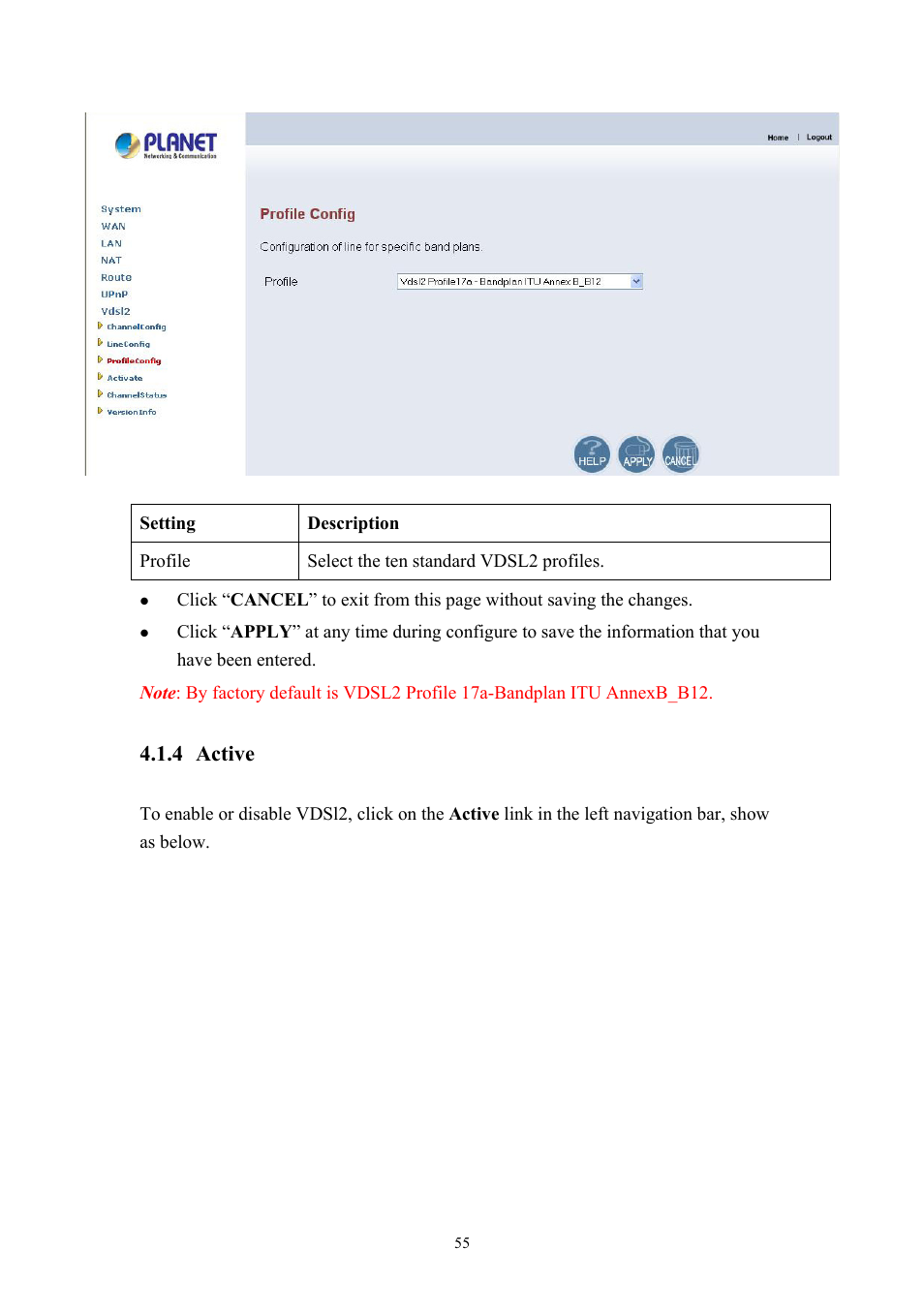 4 active | Planet Technology VDSL2 VC-200M User Manual | Page 55 / 61