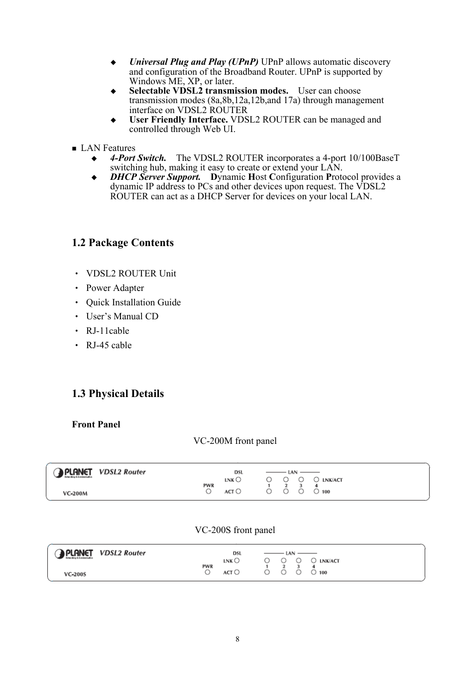 2 package contents, 3 physical details | Planet Technology VDSL2 VC-200M User Manual | Page 8 / 61