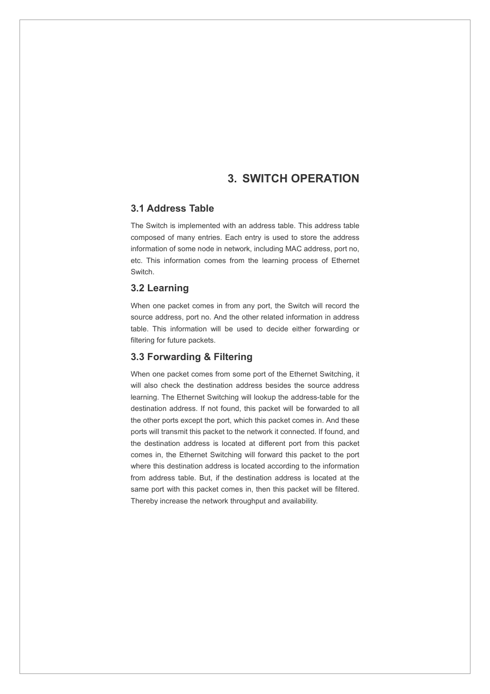 Switch operation, 1 address table, 2 learning | 3 forwarding & filtering | Planet Technology GSW-2401 User Manual | Page 13 / 20