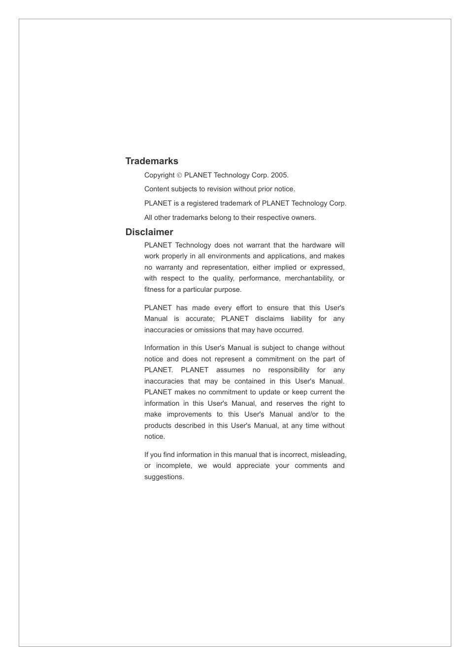 Trademarks, Disclaimer | Planet Technology GSW-2401 User Manual | Page 2 / 20