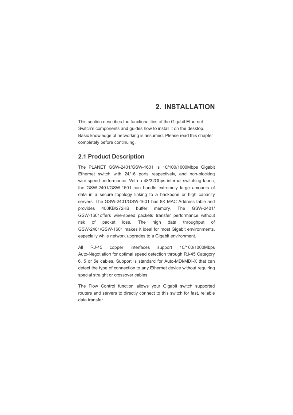 Installation, 1 product description | Planet Technology GSW-2401 User Manual | Page 7 / 20