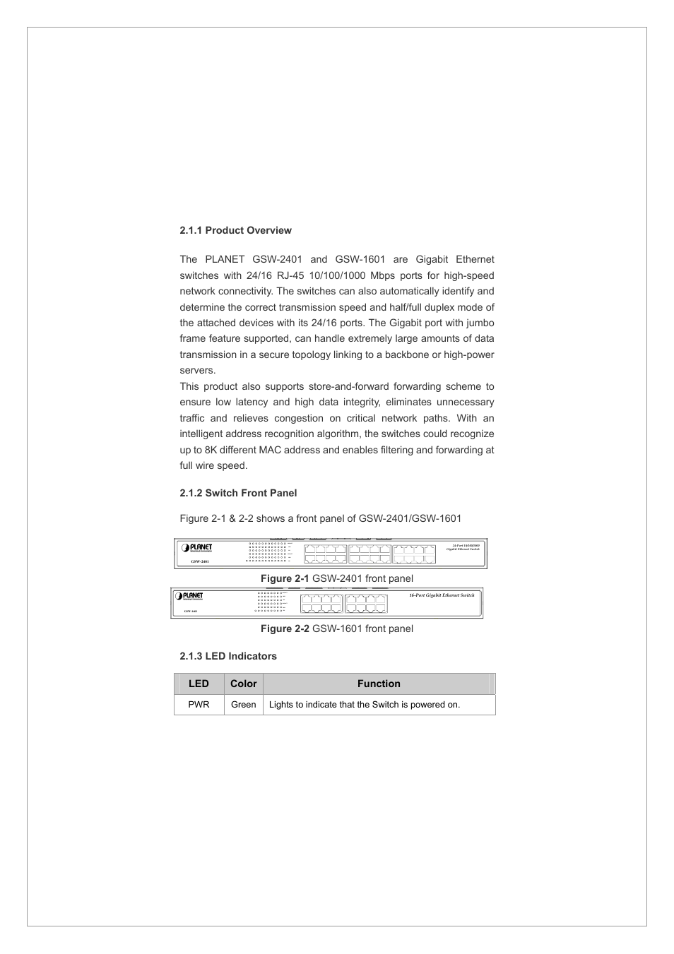 1 product overview, 2 switch front panel, 3 led indicators | Planet Technology GSW-2401 User Manual | Page 8 / 20