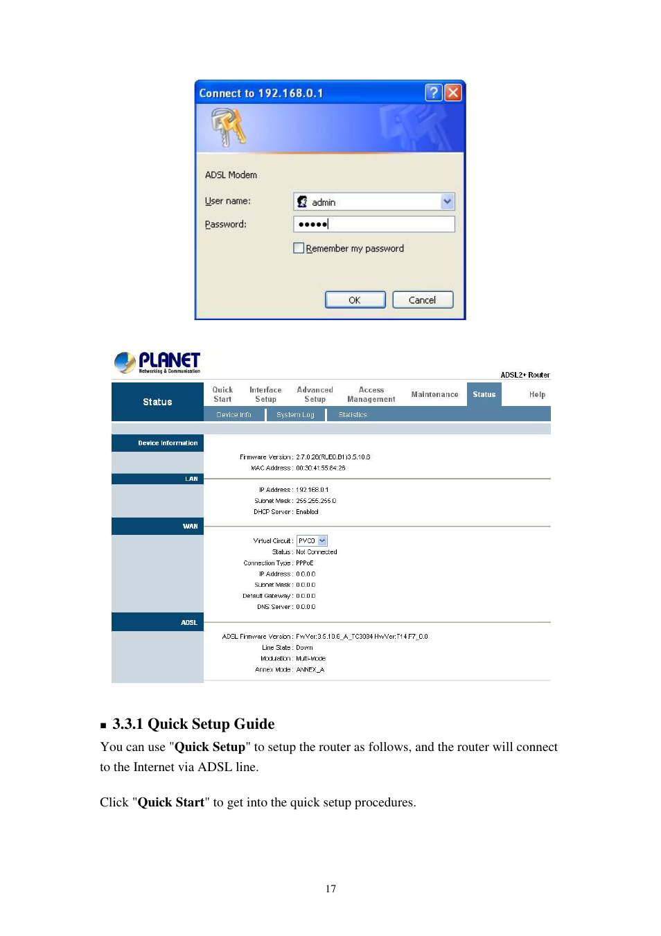 1 quick setup guide | Planet Technology 802.11g Wireless ADSL 2/2+ Router ADW-4401A/Bv2 User Manual | Page 17 / 63