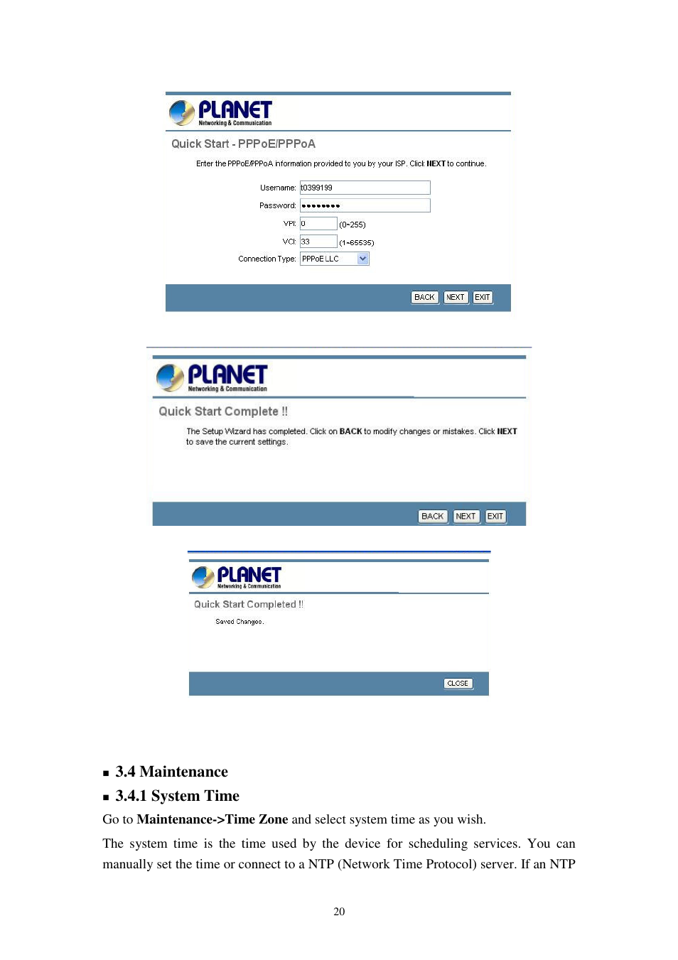 4 maintenance, 1 system time | Planet Technology 802.11g Wireless ADSL 2/2+ Router ADW-4401A/Bv2 User Manual | Page 20 / 63