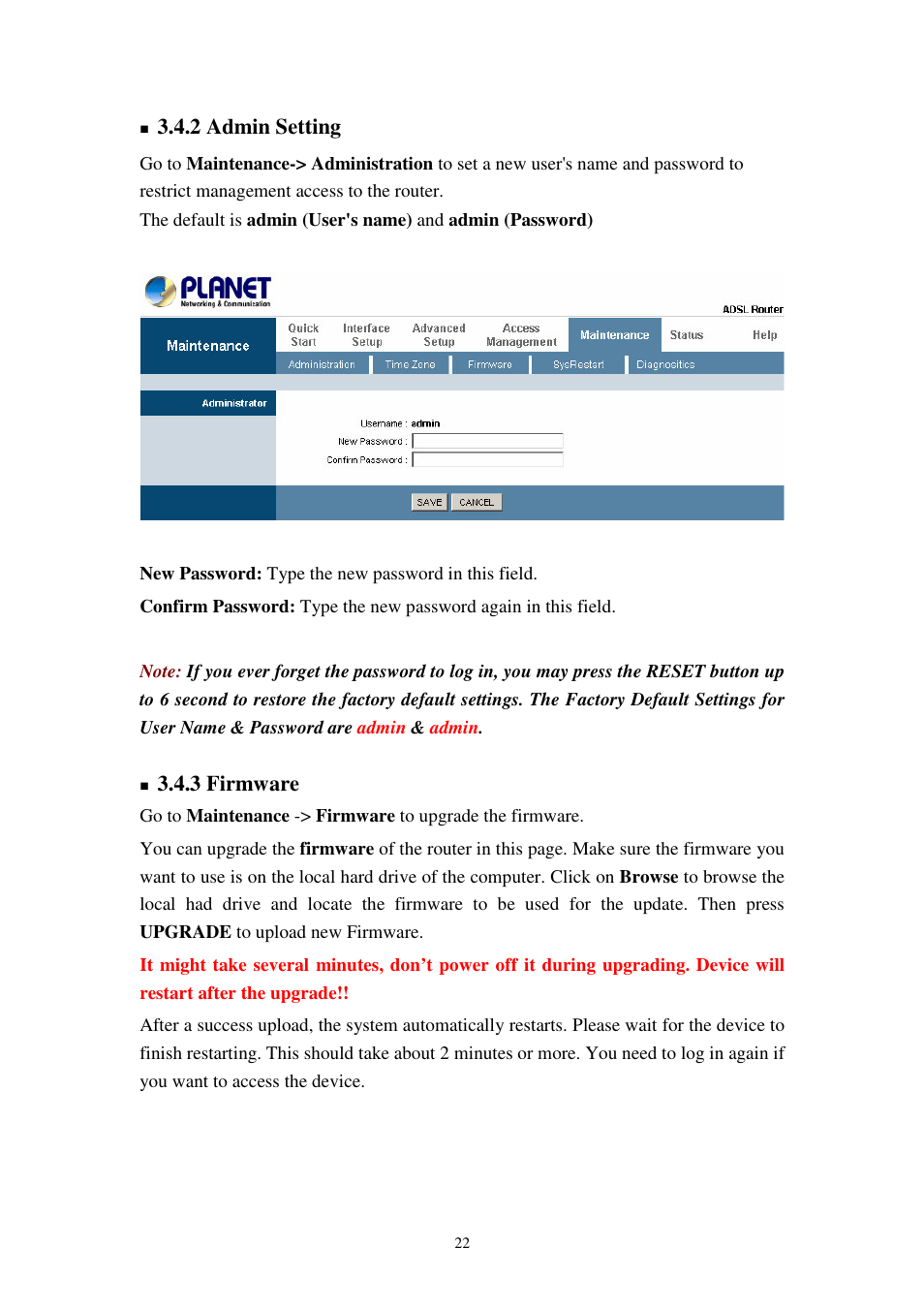 2 admin setting, 3 firmware | Planet Technology 802.11g Wireless ADSL 2/2+ Router ADW-4401A/Bv2 User Manual | Page 22 / 63