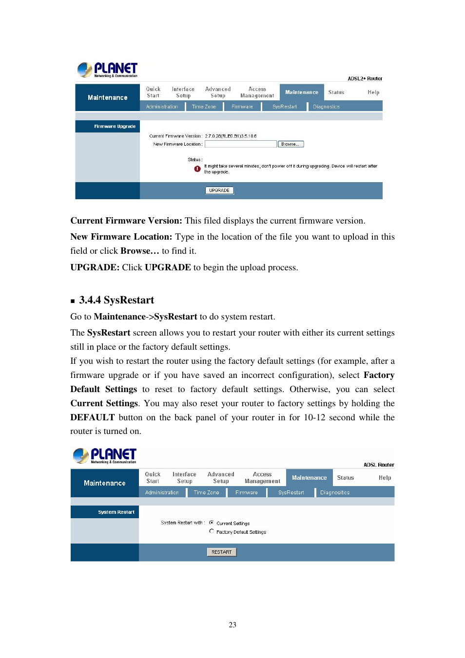4 sysrestart | Planet Technology 802.11g Wireless ADSL 2/2+ Router ADW-4401A/Bv2 User Manual | Page 23 / 63