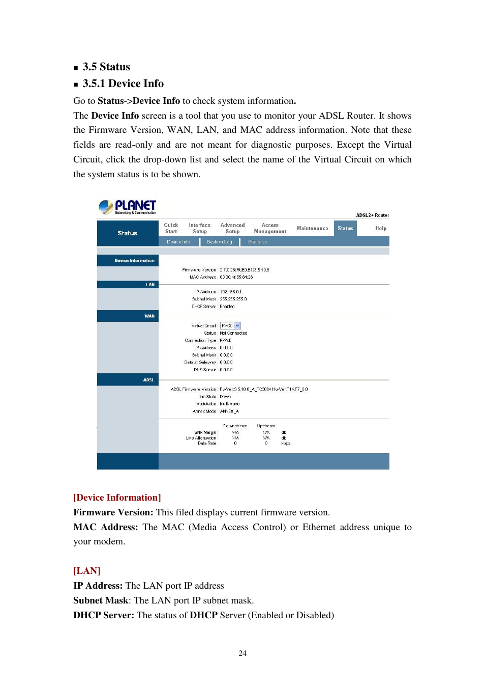 5 status, 1 device info | Planet Technology 802.11g Wireless ADSL 2/2+ Router ADW-4401A/Bv2 User Manual | Page 24 / 63