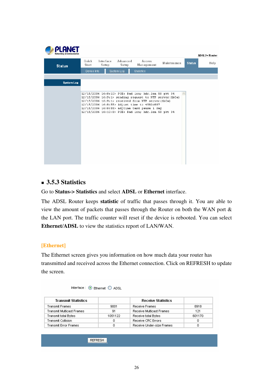 3 statistics | Planet Technology 802.11g Wireless ADSL 2/2+ Router ADW-4401A/Bv2 User Manual | Page 26 / 63
