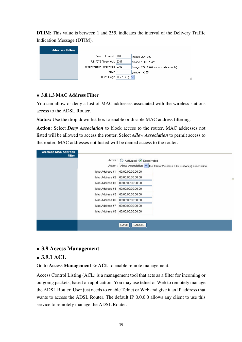 9 access management, 1 acl | Planet Technology 802.11g Wireless ADSL 2/2+ Router ADW-4401A/Bv2 User Manual | Page 39 / 63
