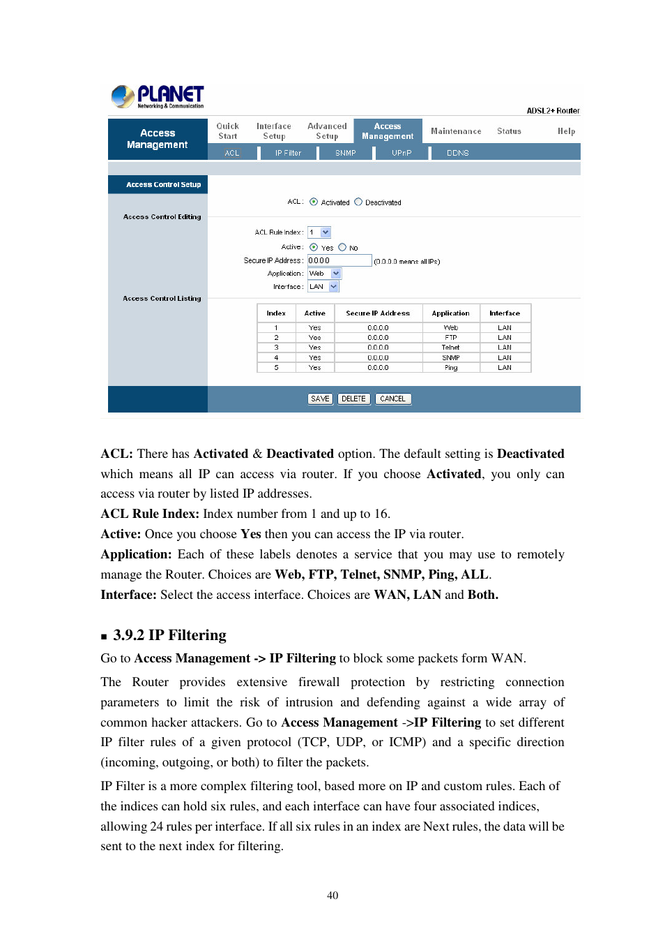 2 ip filtering | Planet Technology 802.11g Wireless ADSL 2/2+ Router ADW-4401A/Bv2 User Manual | Page 40 / 63