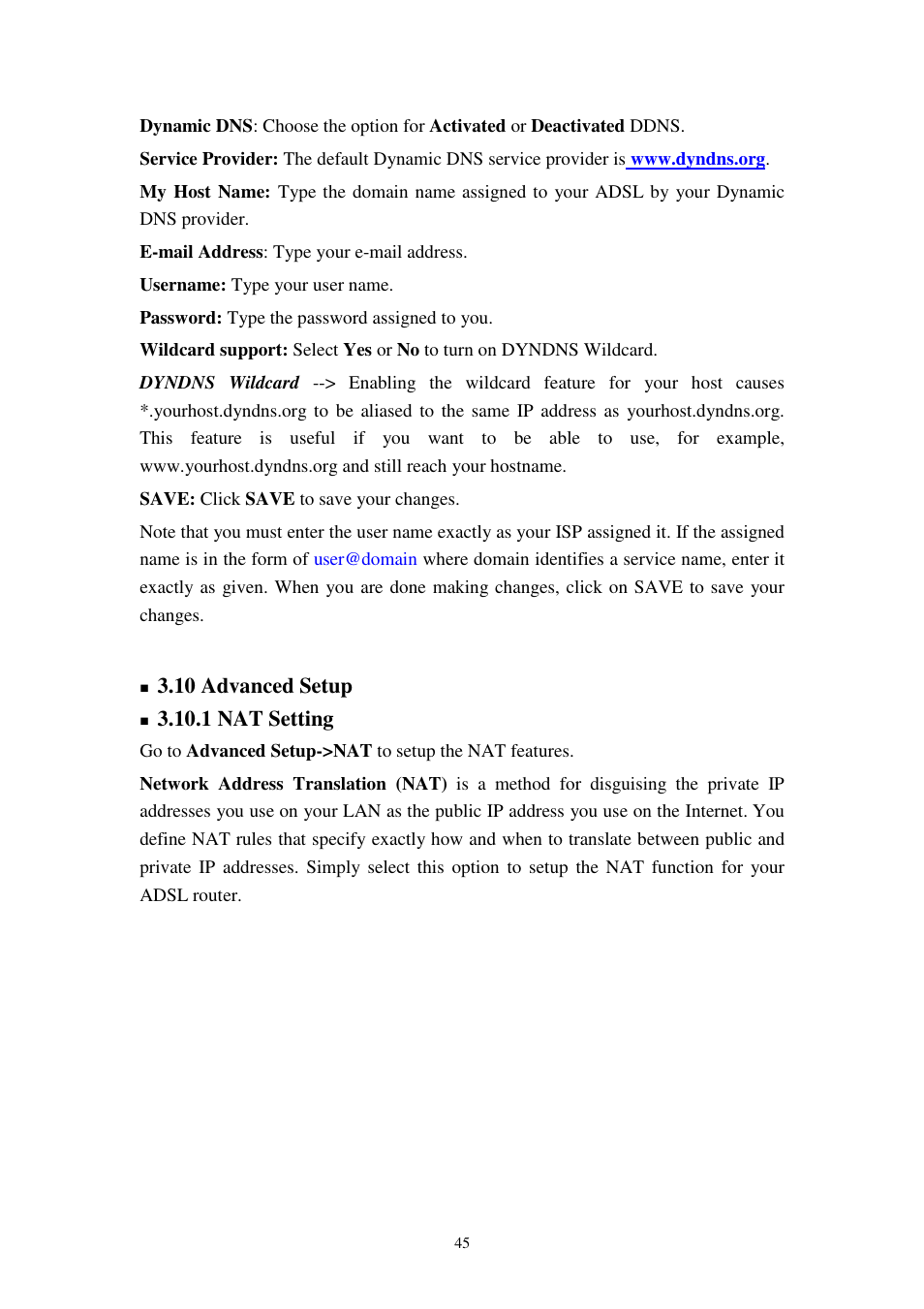 10 advanced setup, 1 nat setting | Planet Technology 802.11g Wireless ADSL 2/2+ Router ADW-4401A/Bv2 User Manual | Page 45 / 63