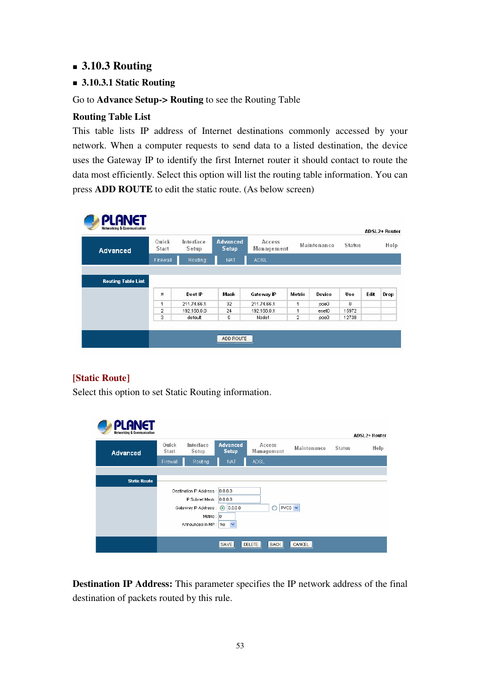 3 routing | Planet Technology 802.11g Wireless ADSL 2/2+ Router ADW-4401A/Bv2 User Manual | Page 53 / 63