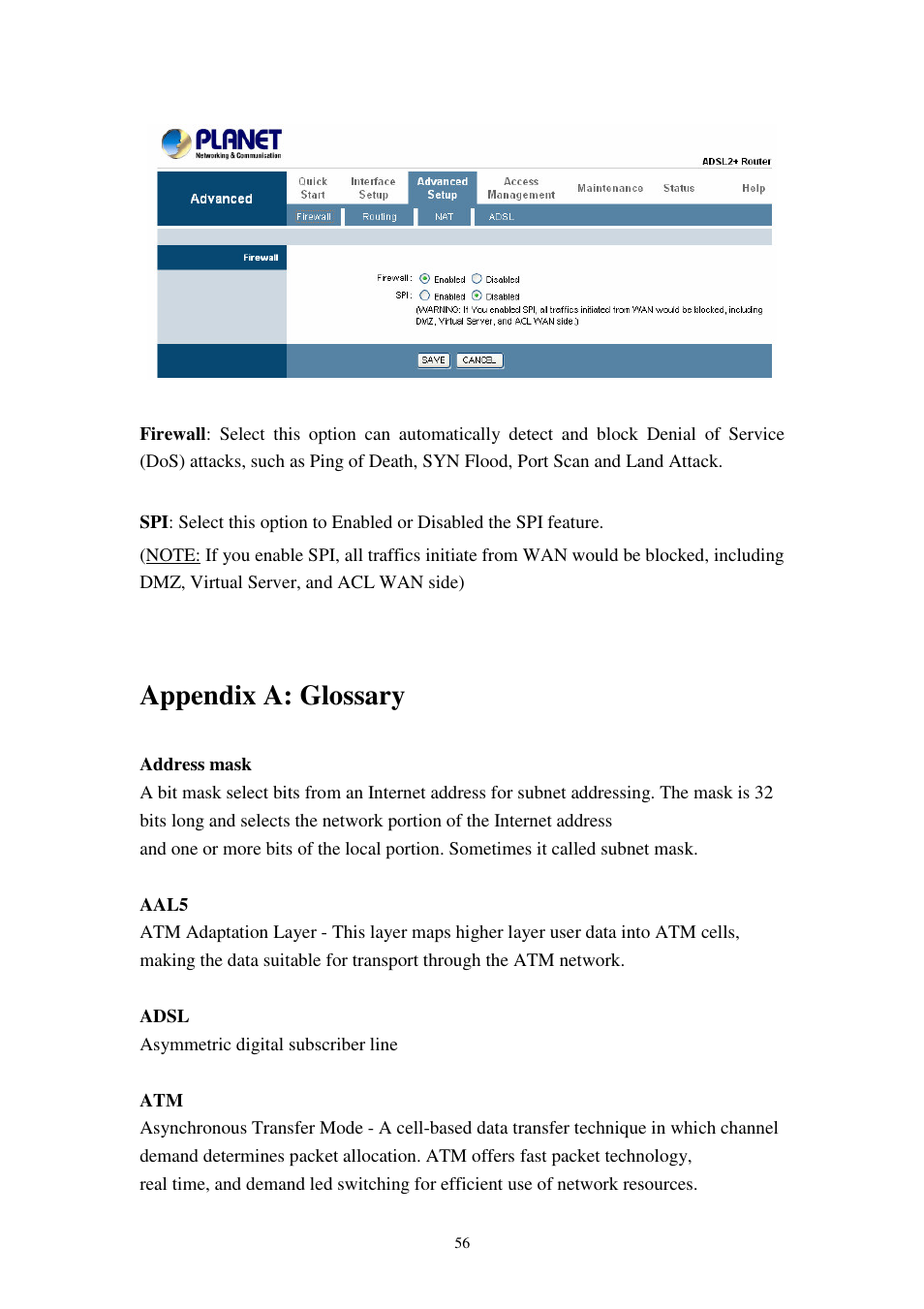 Appendix a: glossary | Planet Technology 802.11g Wireless ADSL 2/2+ Router ADW-4401A/Bv2 User Manual | Page 56 / 63