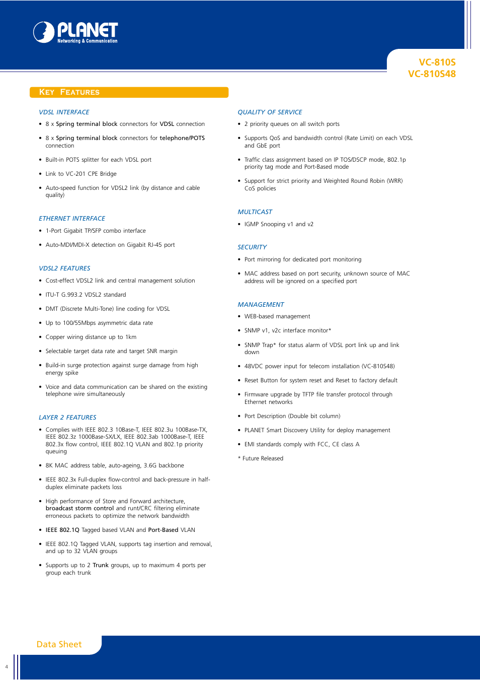 Data sheet, Key features | Planet Technology VC-810S48 User Manual | Page 4 / 6