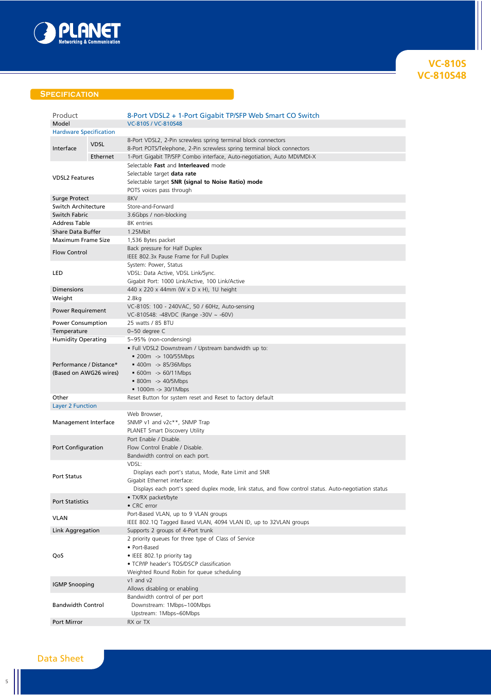 Data sheet, Specification | Planet Technology VC-810S48 User Manual | Page 5 / 6