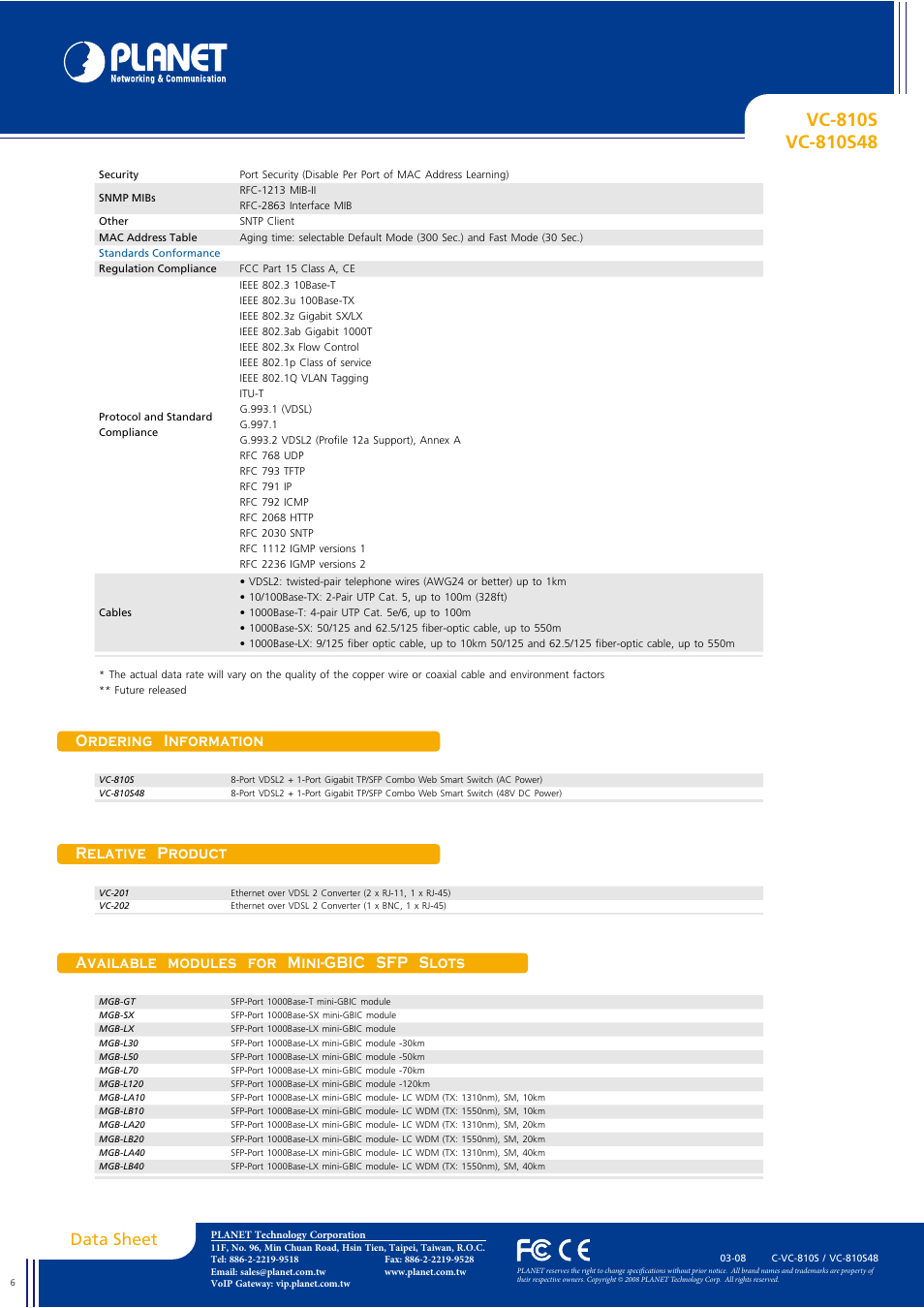 Data sheet, Ordering information relative product, Available modules for mini-gbic sfp slots | Planet Technology VC-810S48 User Manual | Page 6 / 6