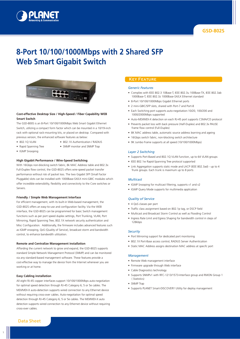 Planet Technology GSD-800S User Manual | 4 pages