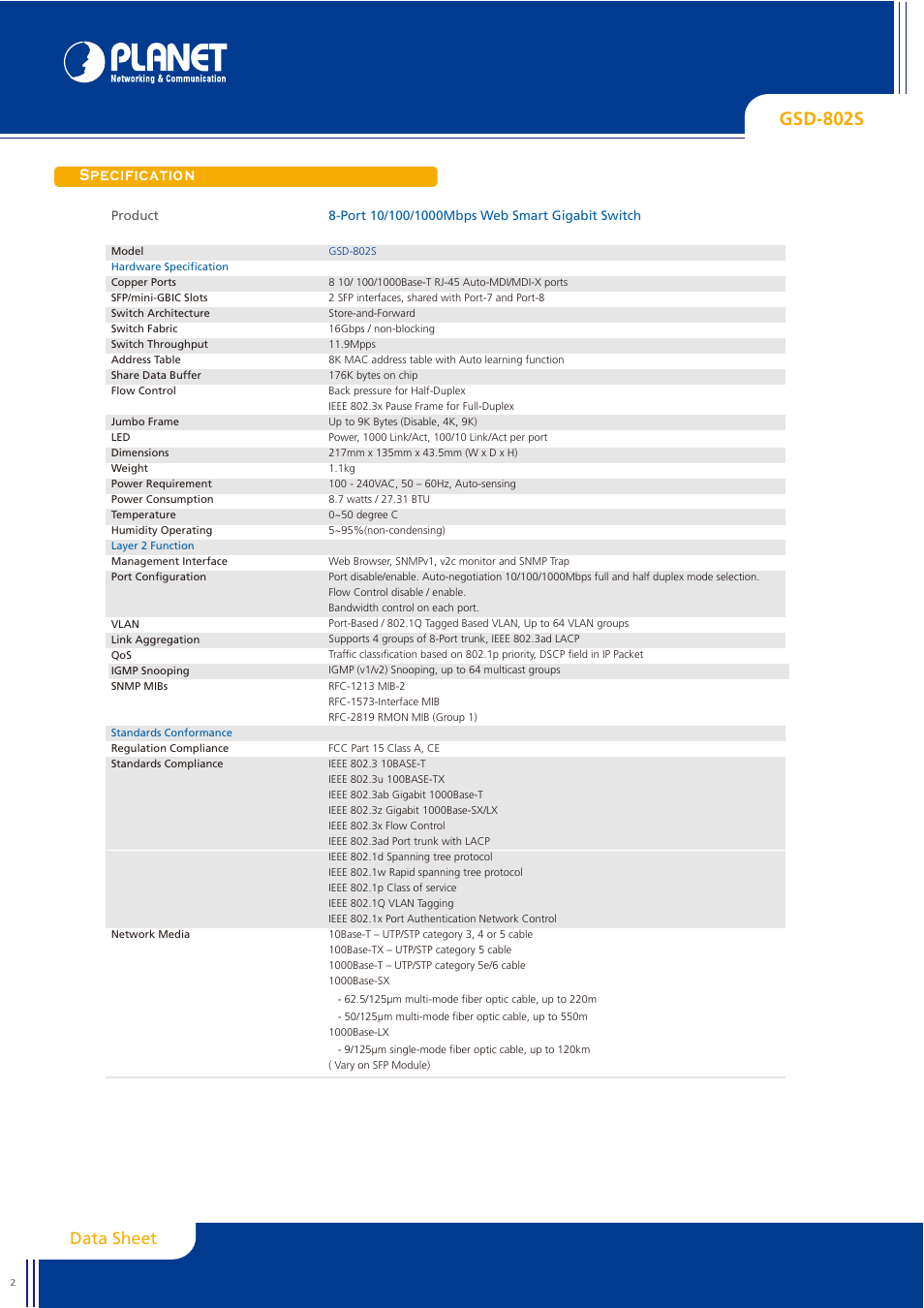Gsd-802s, Specification, Data sheet | Planet Technology GSD-800S User Manual | Page 2 / 4