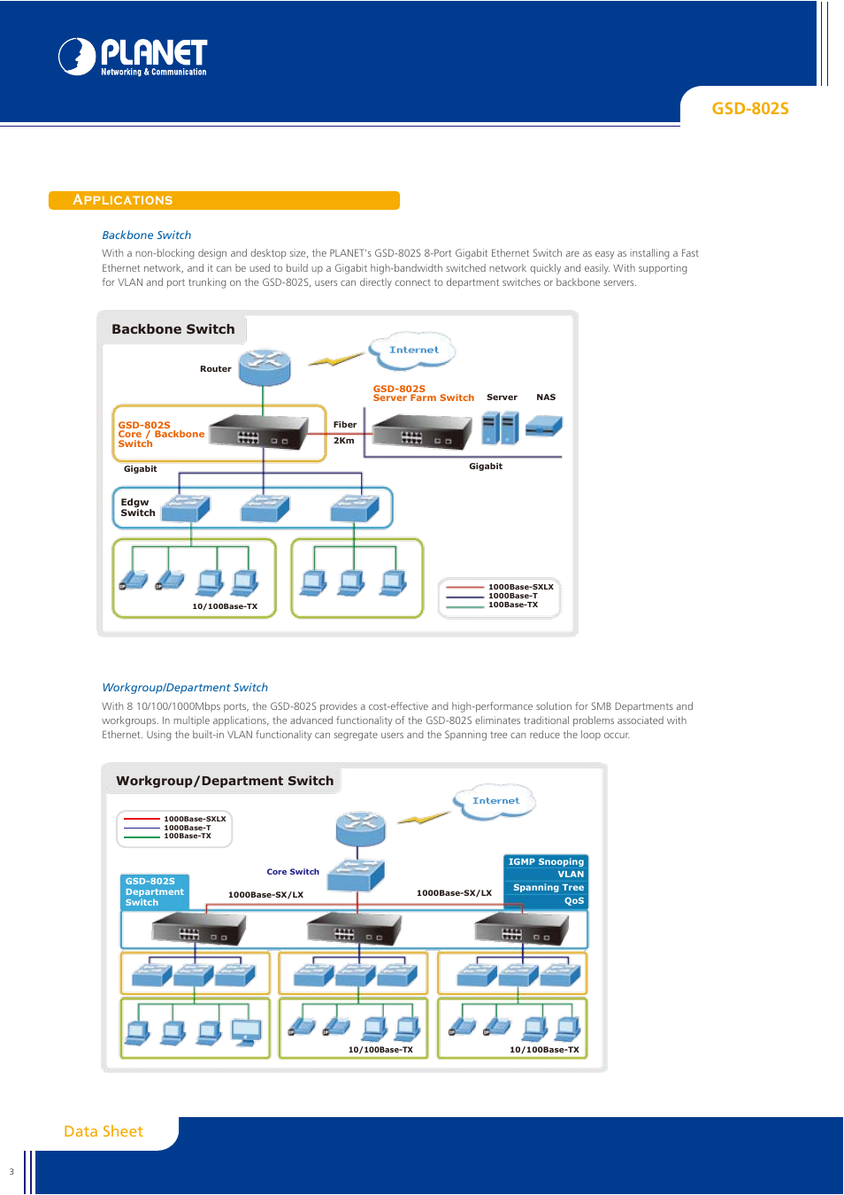 Gsd-802s, Applications, Data sheet | Internet, Backbone switch | Planet Technology GSD-800S User Manual | Page 3 / 4