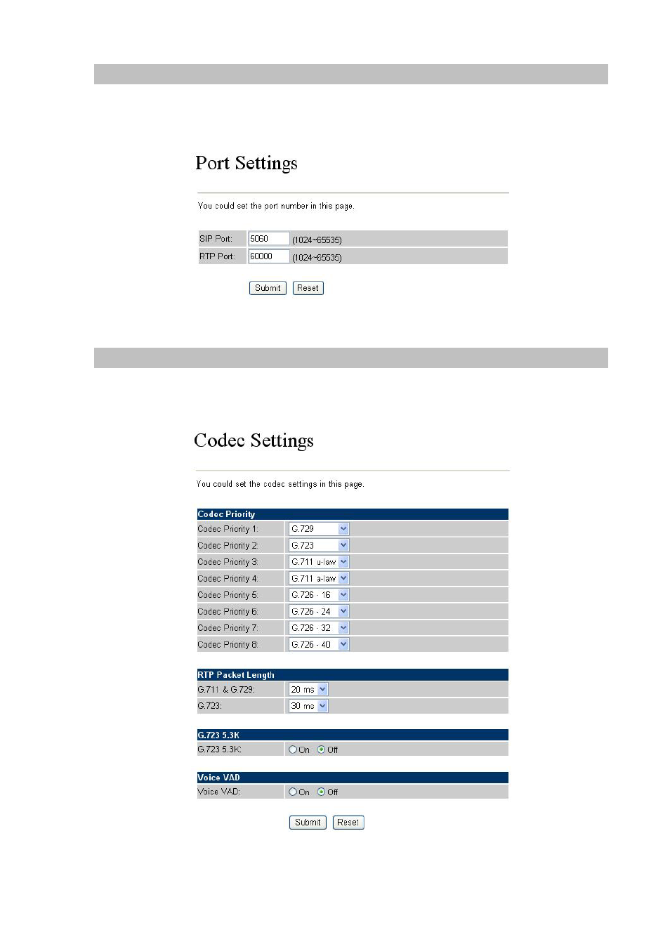 Port settings, Codec settings | Planet Technology VIP-154T User Manual | Page 33 / 55