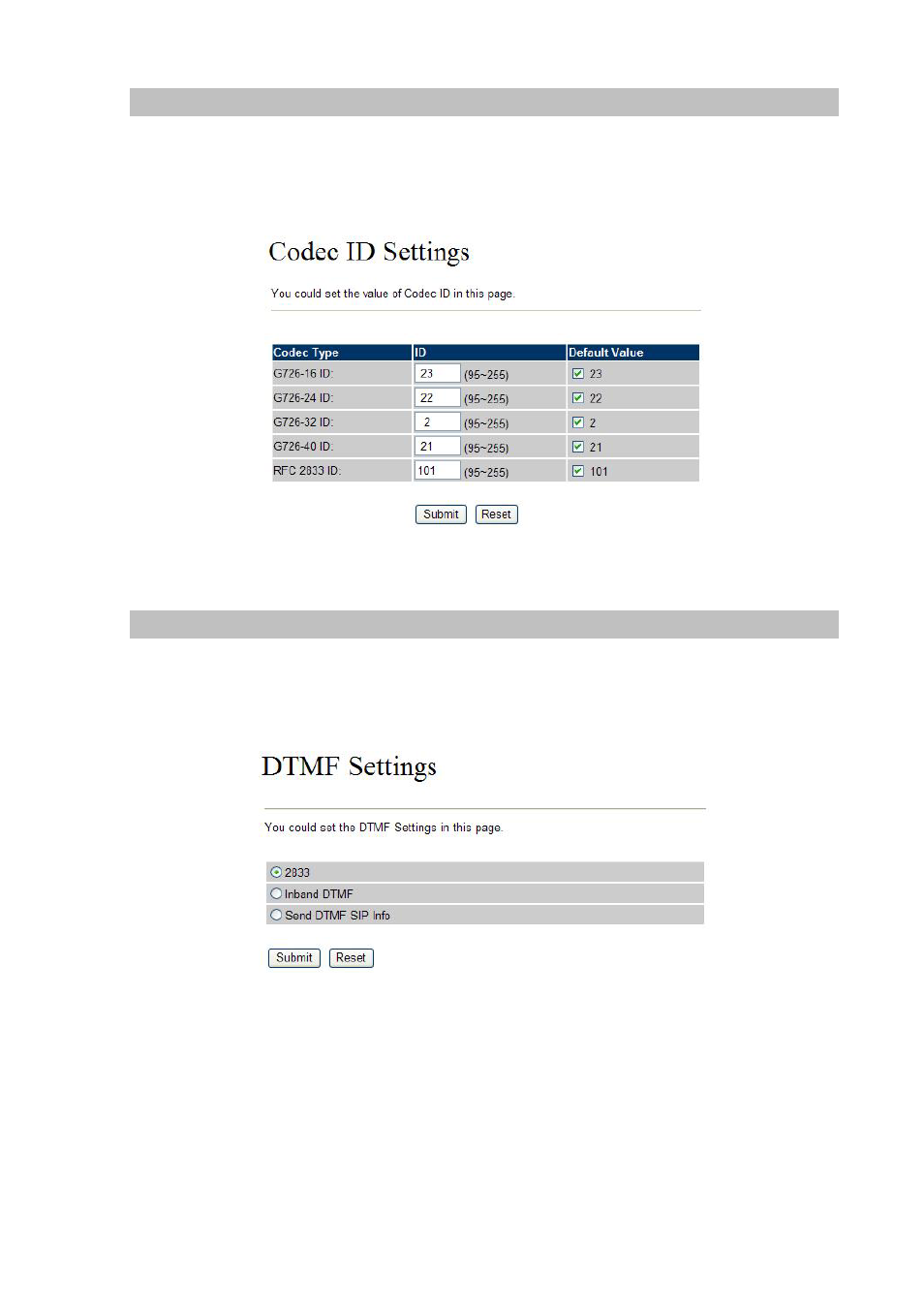 Codec id setting, Dtmf settings | Planet Technology VIP-154T User Manual | Page 34 / 55