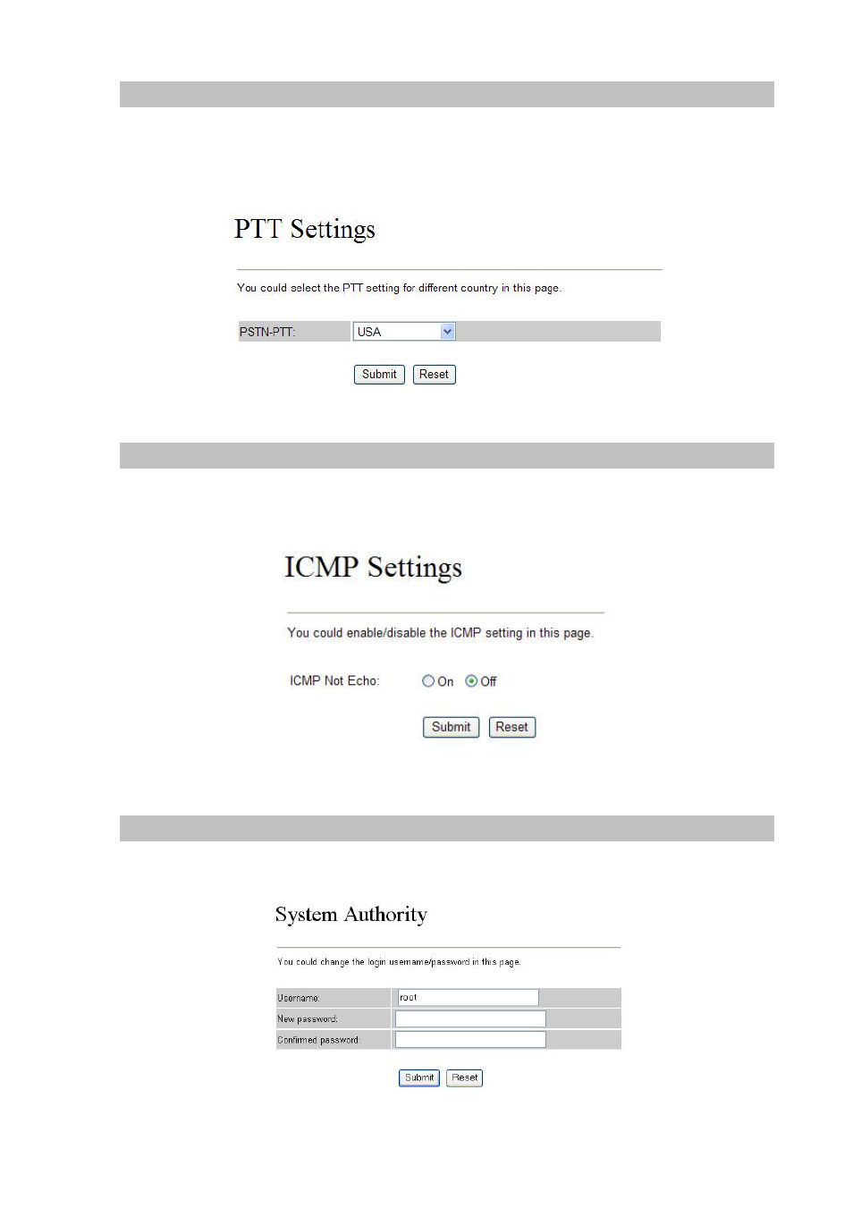 Ptt settings (for vip-154nt), Country settings, System authority | Planet Technology VIP-154T User Manual | Page 37 / 55